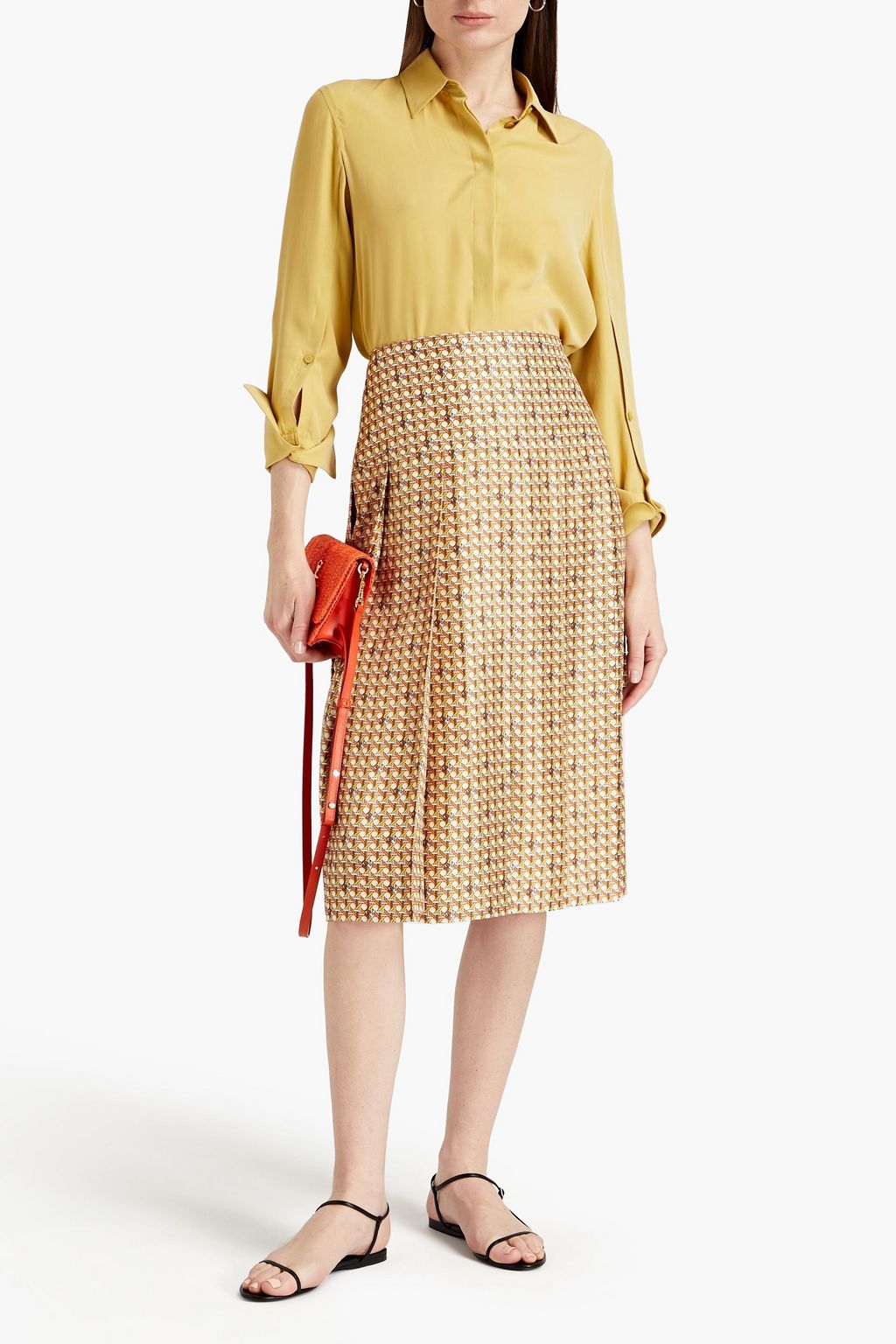 TORY BURCH Pleated printed silk-twill skirt