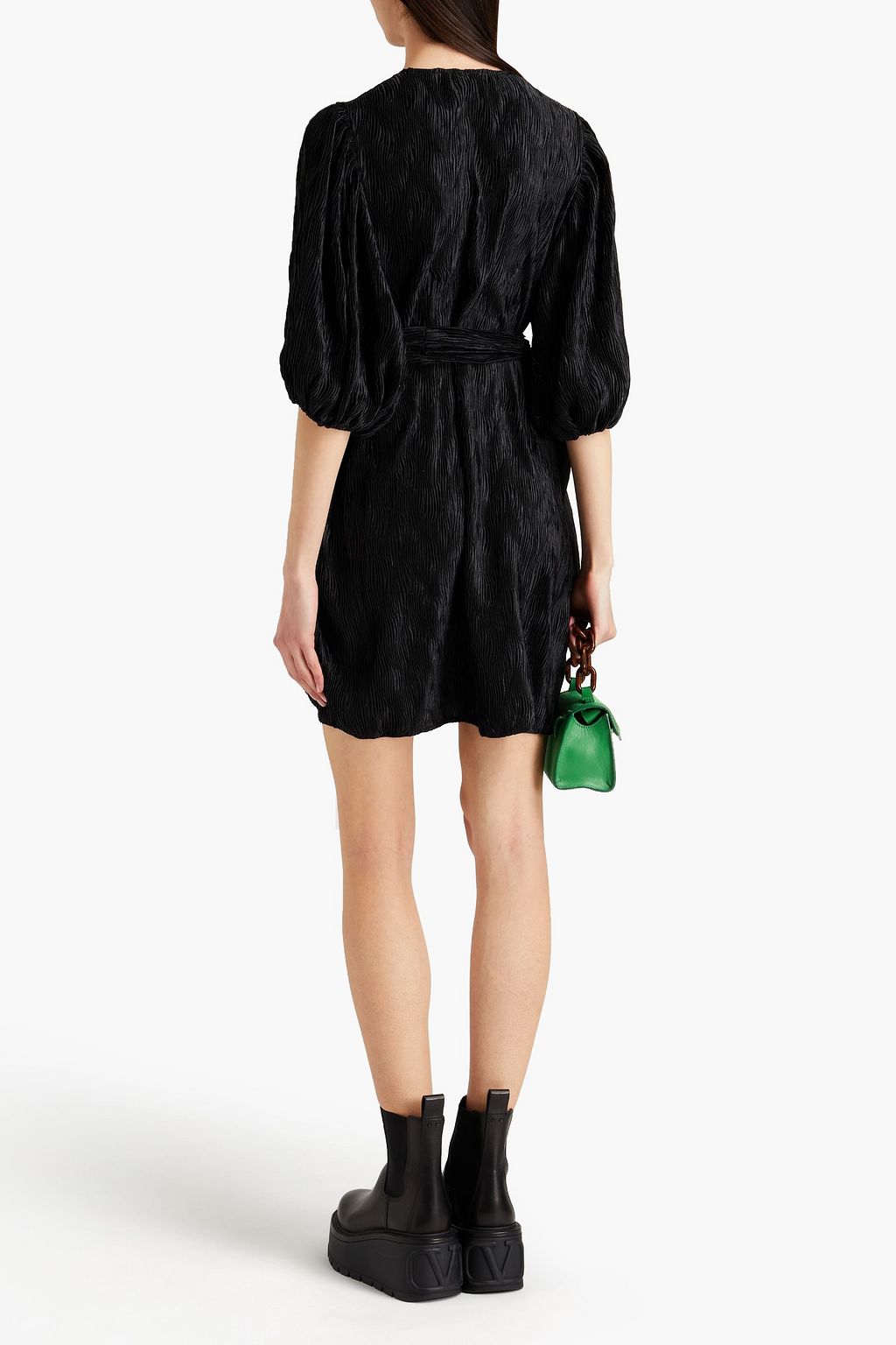 GANNI Belted plissé-satin mini dress