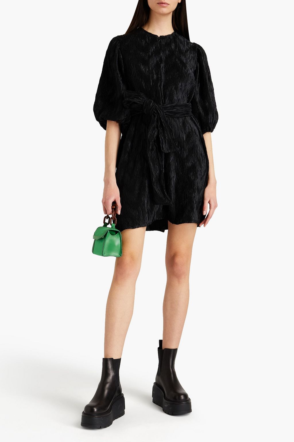 GANNI Belted plissé-satin mini dress
