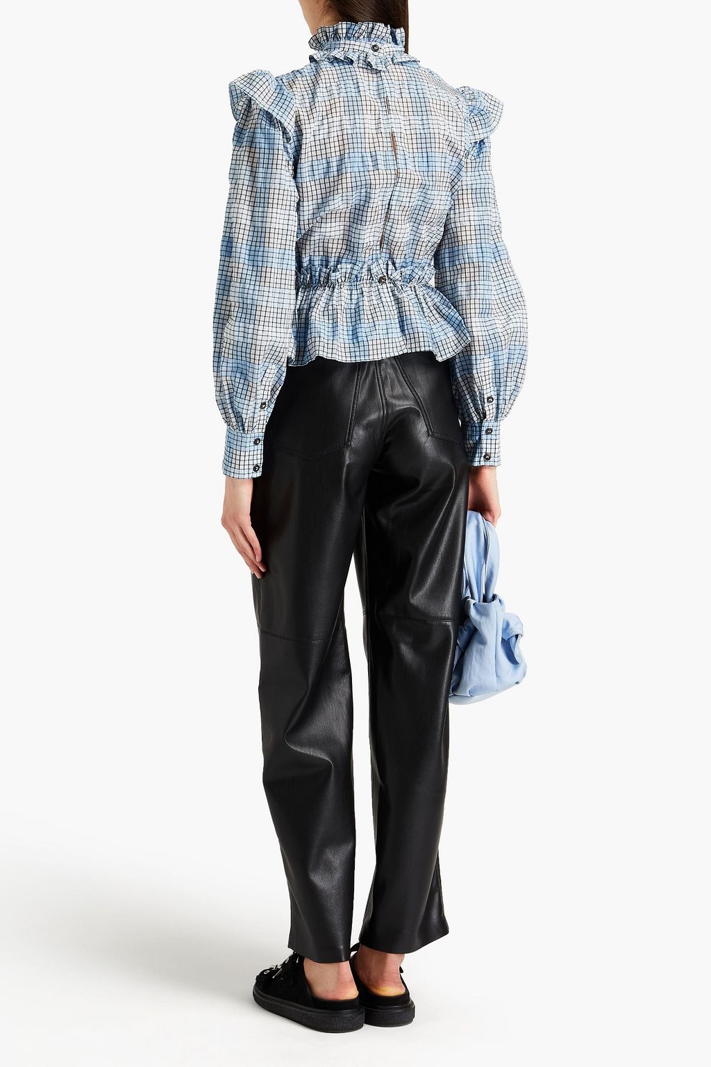 GANNI Ruffle-trimmed checked seersucker top