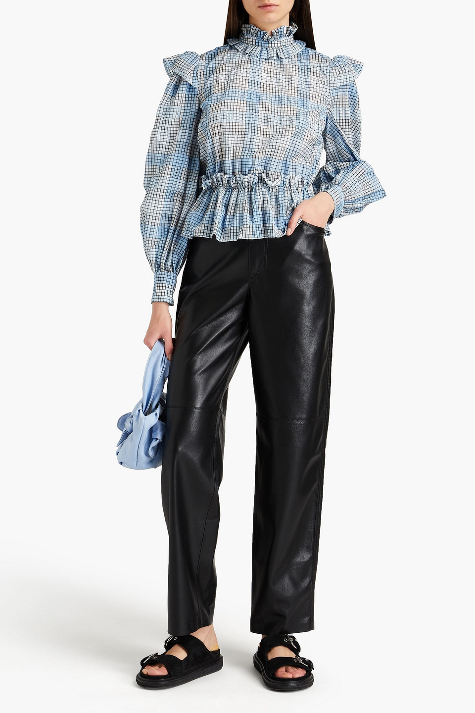 Ganni Ruffle-trimmed Checked Seersucker Top In Blue
