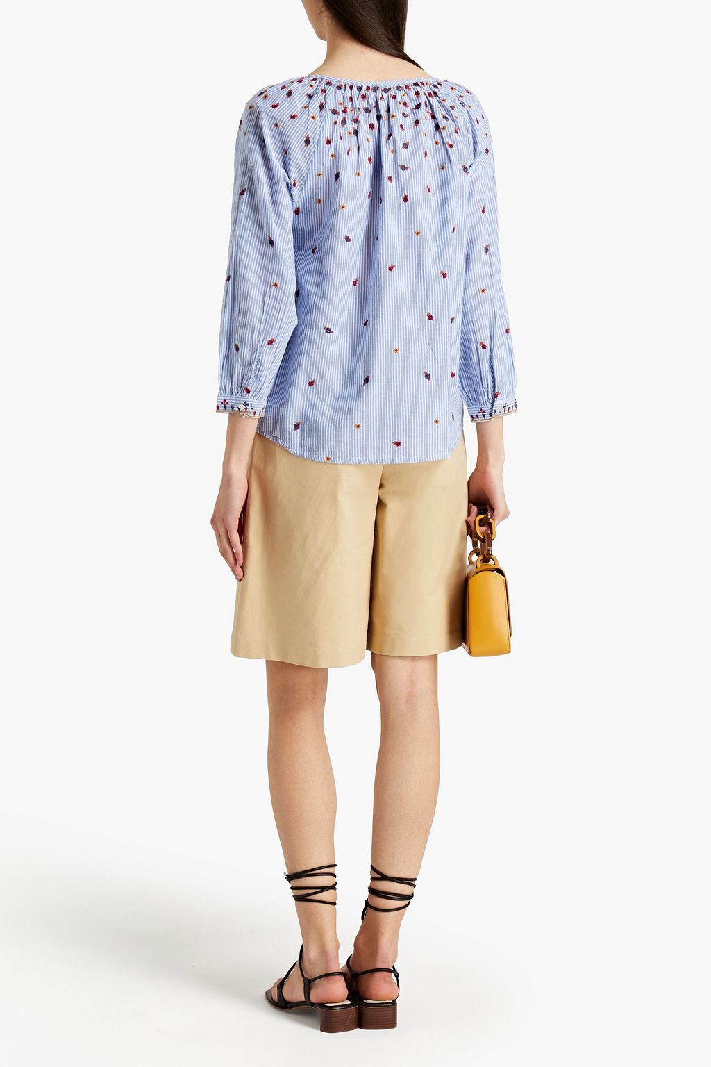 VELVET BY GRAHAM & SPENCER Morie embroidered striped cotton-chambray top