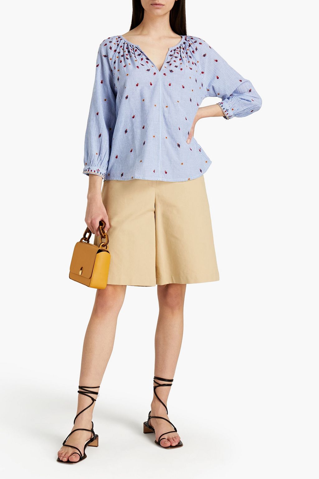 VELVET BY GRAHAM & SPENCER Morie embroidered striped cotton-chambray top