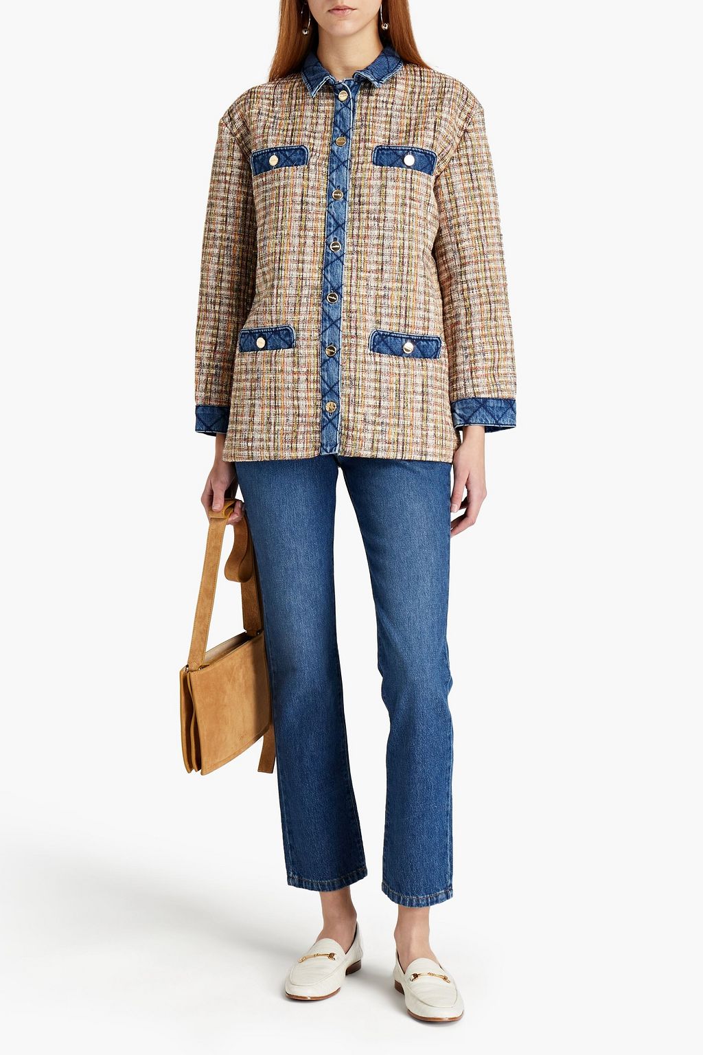 SANDRO Christine denim-trimmed cotton-blend tweed jacket