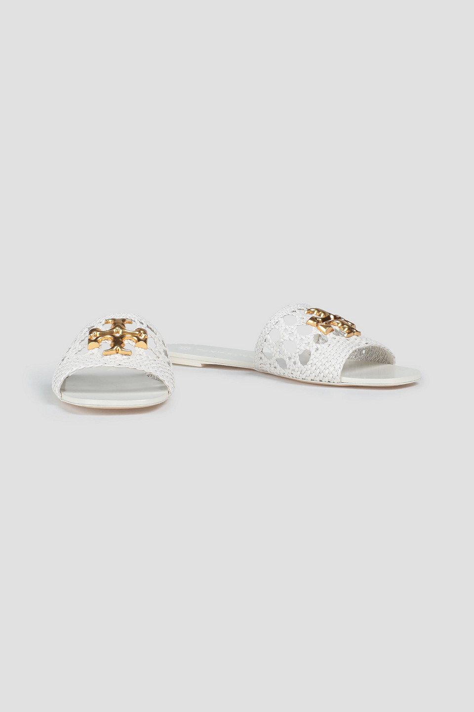 Tory Burch Eleanor Embellished Woven Leather Slides In White
