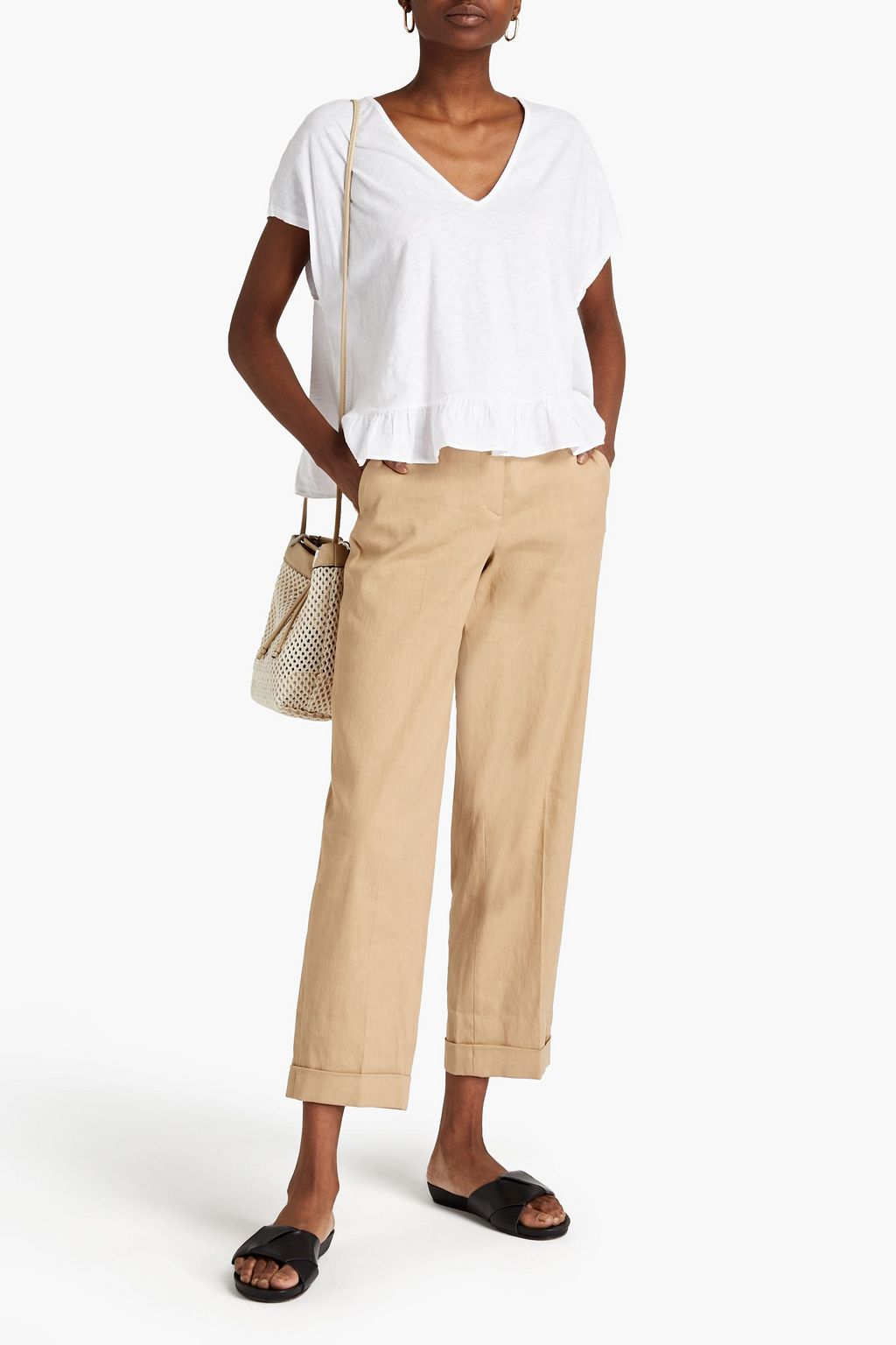 VELVET BY GRAHAM & SPENCER Linen-paneled ruffled slub cotton-jersey T-shirt