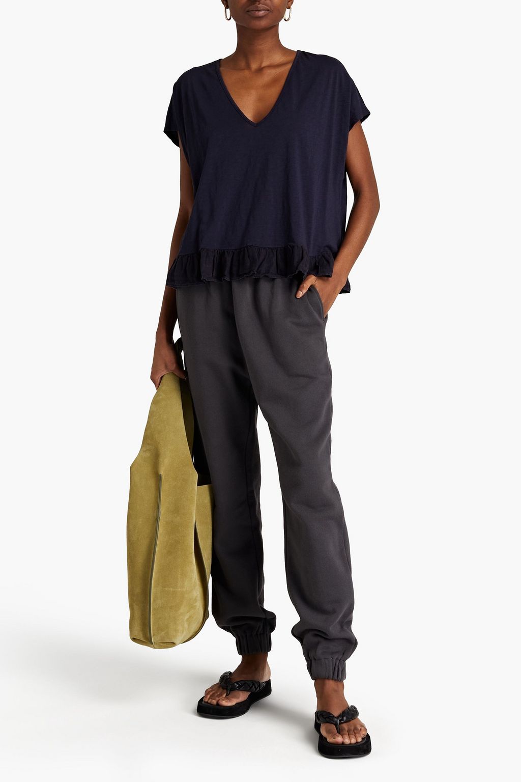 VELVET BY GRAHAM & SPENCER Linen-paneled ruffled slub cotton-jersey T-shirt