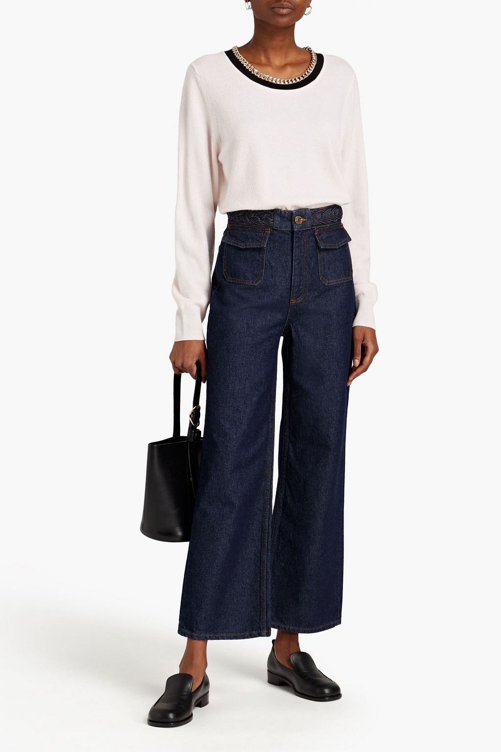 Dark denim Louis braid-trimmed high-rise wide-leg jeans | SANDRO | THE ...