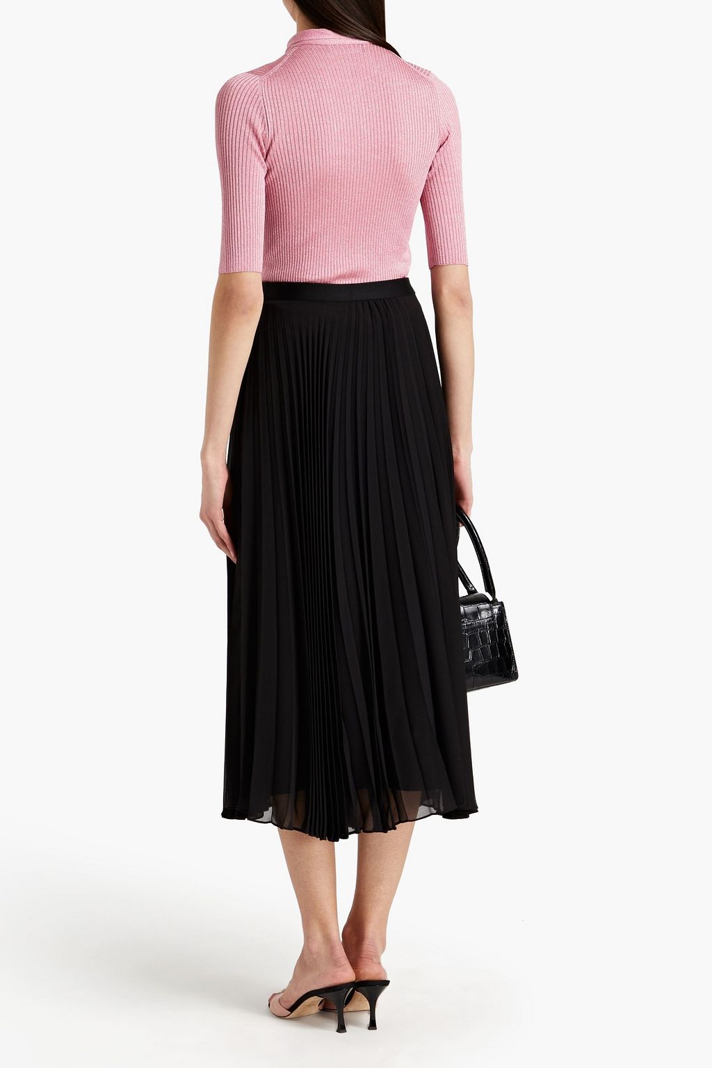 DOLCE&GABBANA Pussy-bow metallic ribbed-knit top