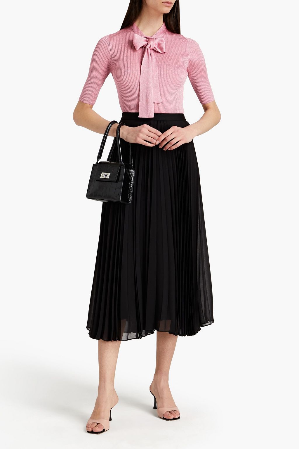 DOLCE&GABBANA Pussy-bow metallic ribbed-knit top