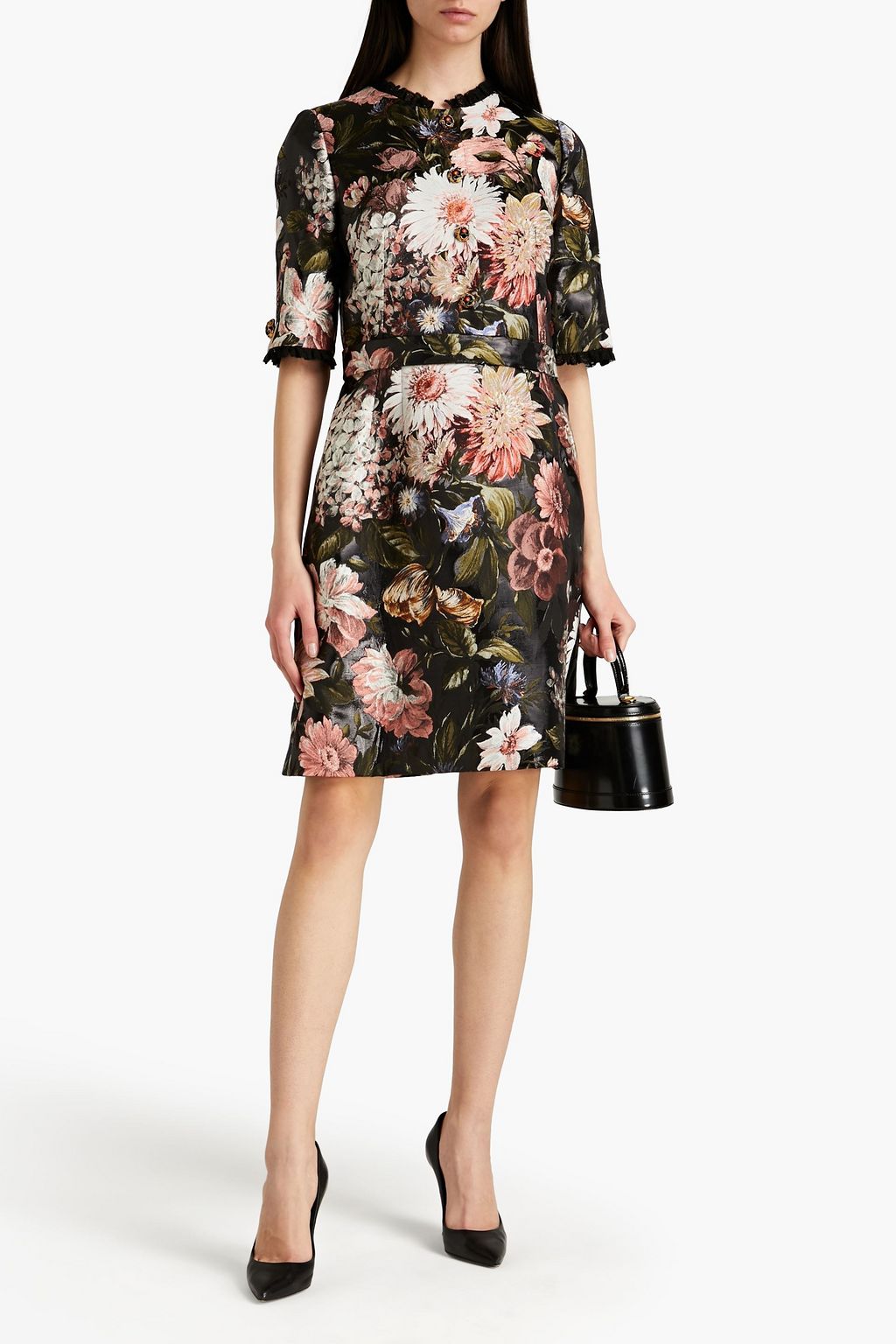 DOLCE&GABBANA Belted embellished floral-jacquard dress