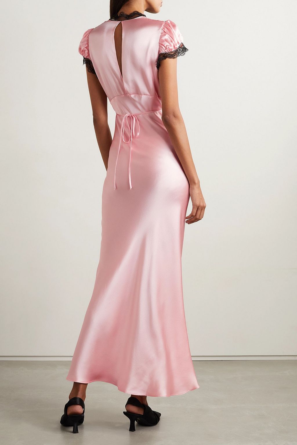 Lace Yoke Ribbon Tie Satin Maxi Dress