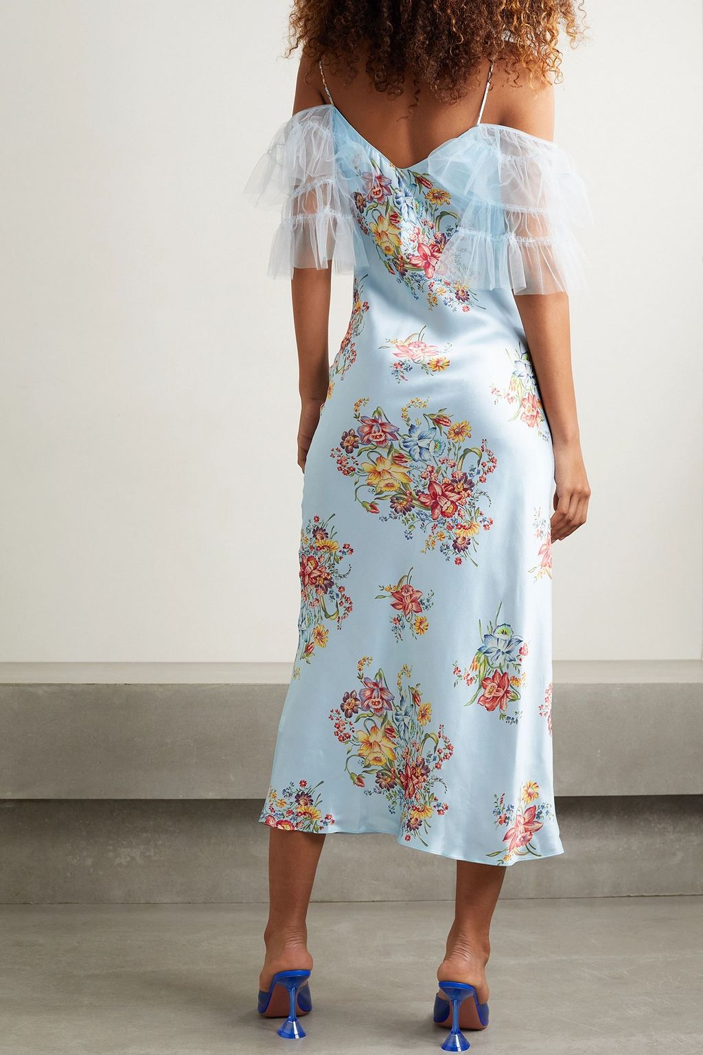 RODARTE Embellished tulle-trimmed floral-print silk midi dress