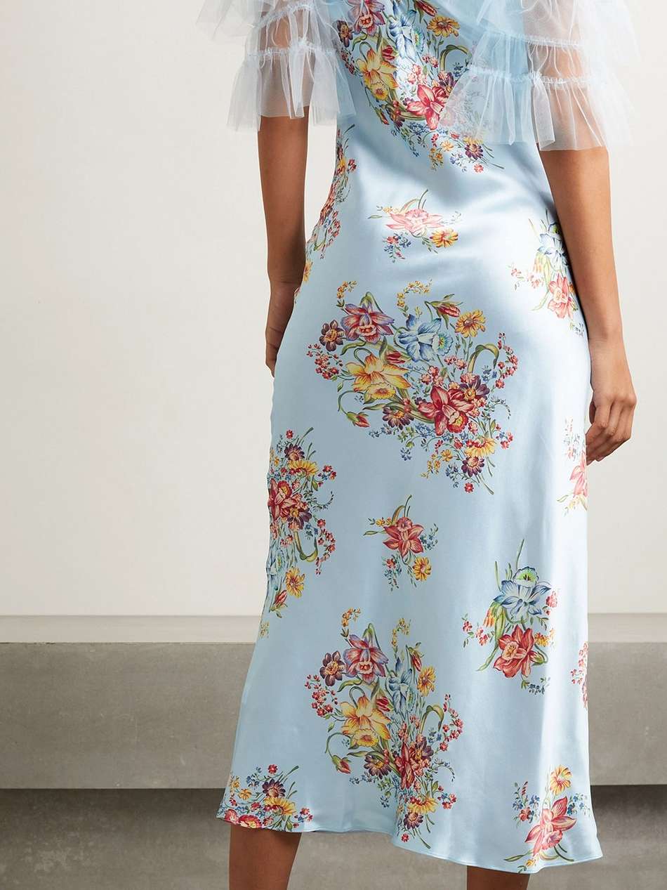 embellished tulle-trimmed floral-print silk midi dress