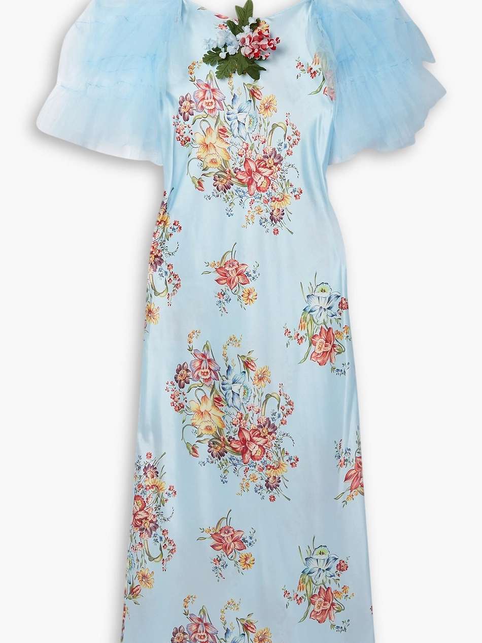 embellished tulle-trimmed floral-print silk midi dress