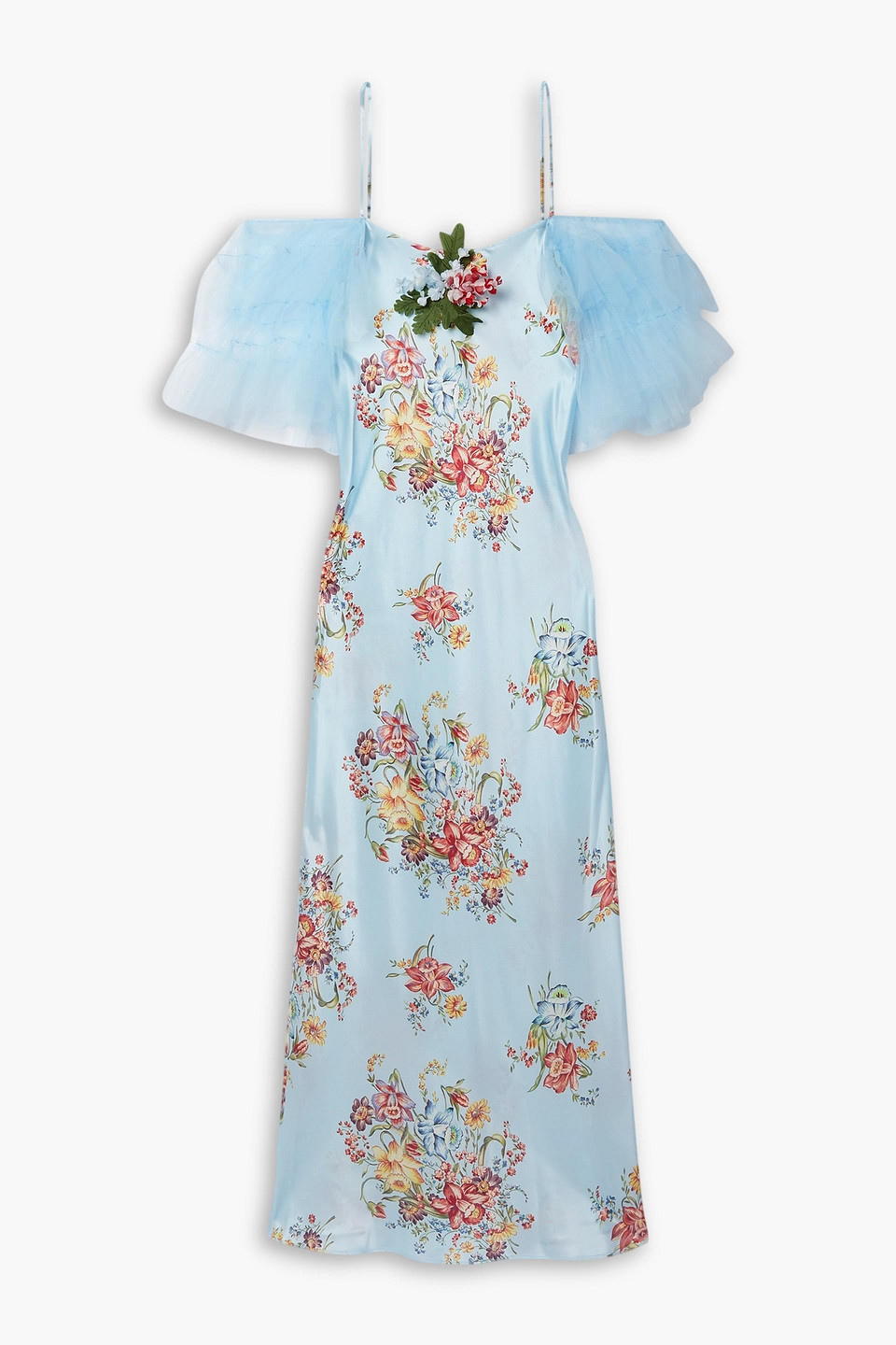 Rodarte Embellished Tulle-trimmed Floral-print Silk Midi Dress In Sky Blue