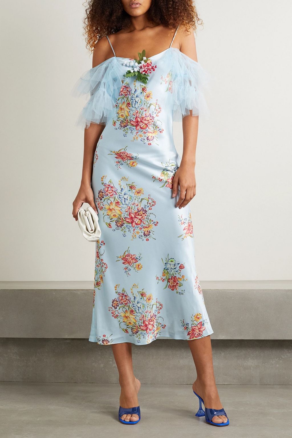 RODARTE Embellished tulle-trimmed floral-print silk midi dress