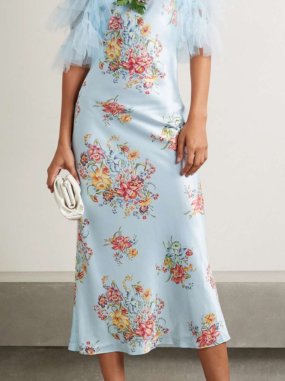 embellished tulle-trimmed floral-print silk midi dress