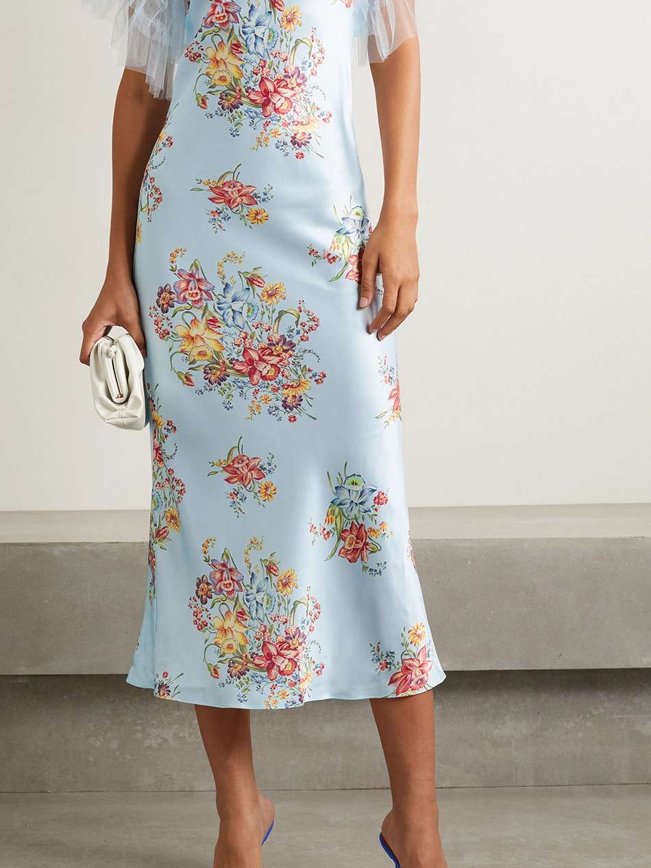 embellished tulle-trimmed floral-print silk midi dress