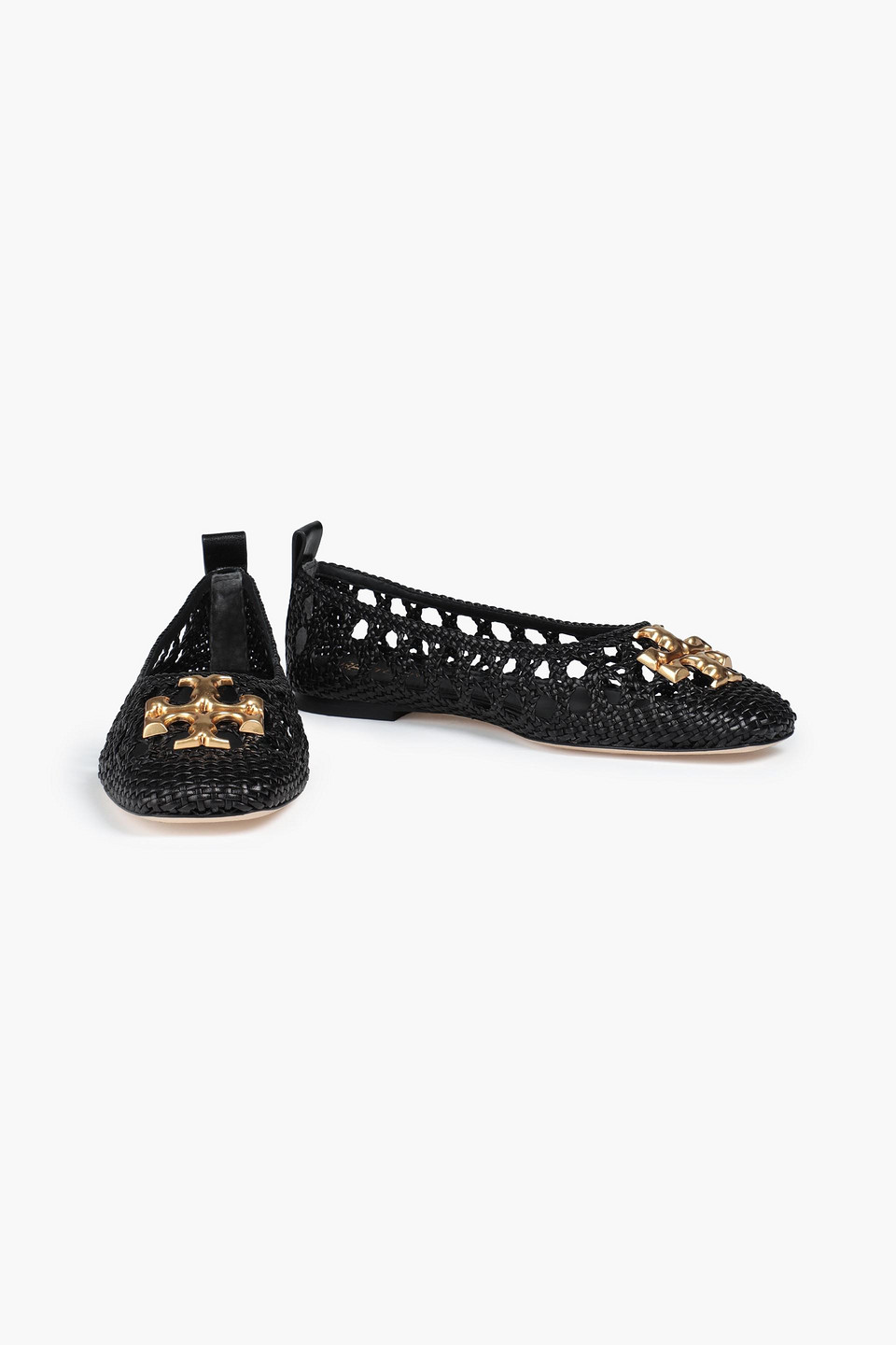 Tory Burch Eleanor Embellished Woven Leather Ballet Flats In Black