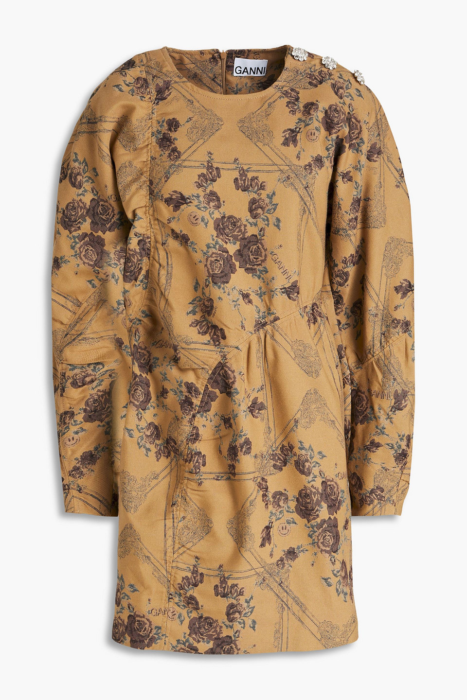 Ganni Woman Crystal-embellished Floral-jacquard Mini Dress Camel Size 34
