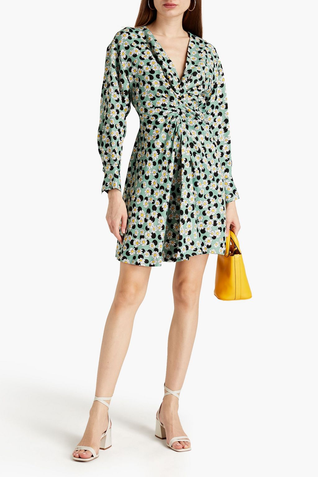 SANDRO Ruched printed linen-blend mini dress