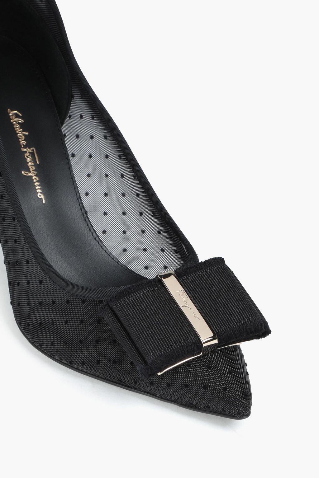 FERRAGAMO Bow-embellished flocked mesh pumps