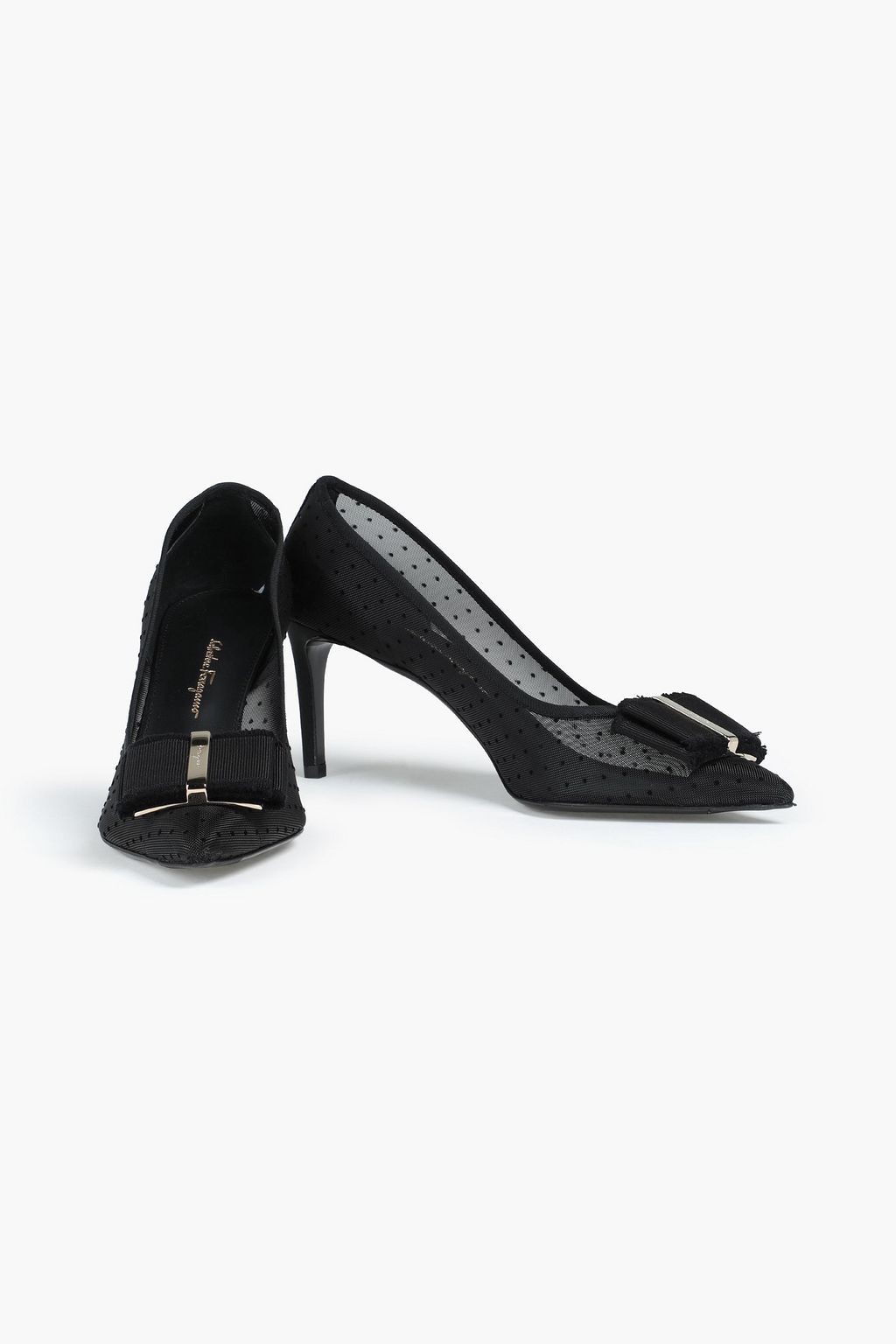 FERRAGAMO Bow-embellished flocked mesh pumps