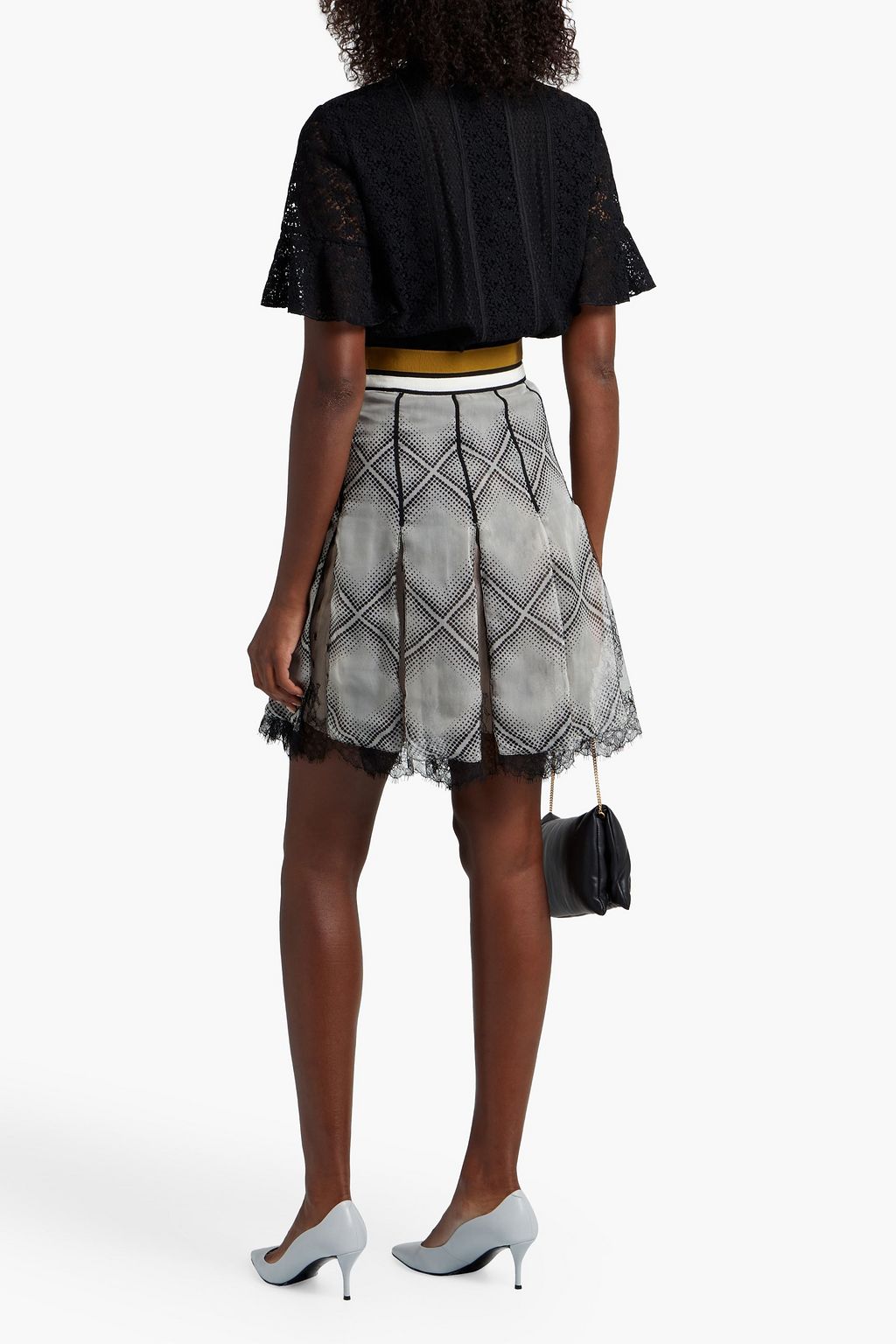 GIAMBATTISTA VALLI Pleated lace-paneled printed silk-chiffon mini skirt