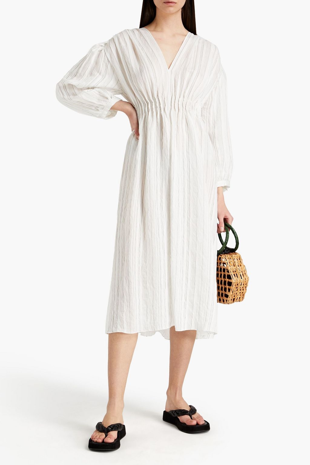 SANDRO Pintucked striped mousseline midi dress
