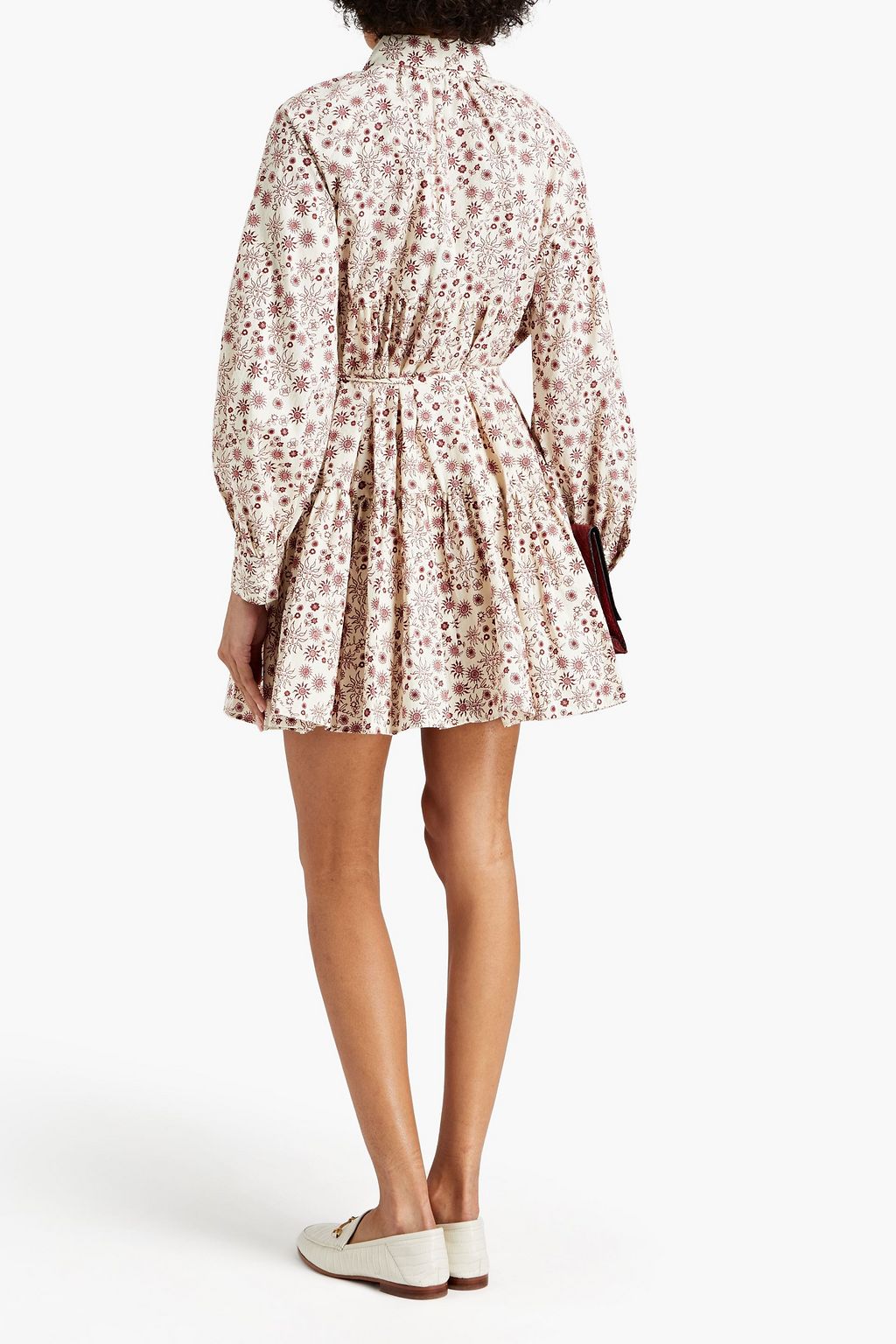 SANDRO Claudine belted printed cotton-mini shirt dress