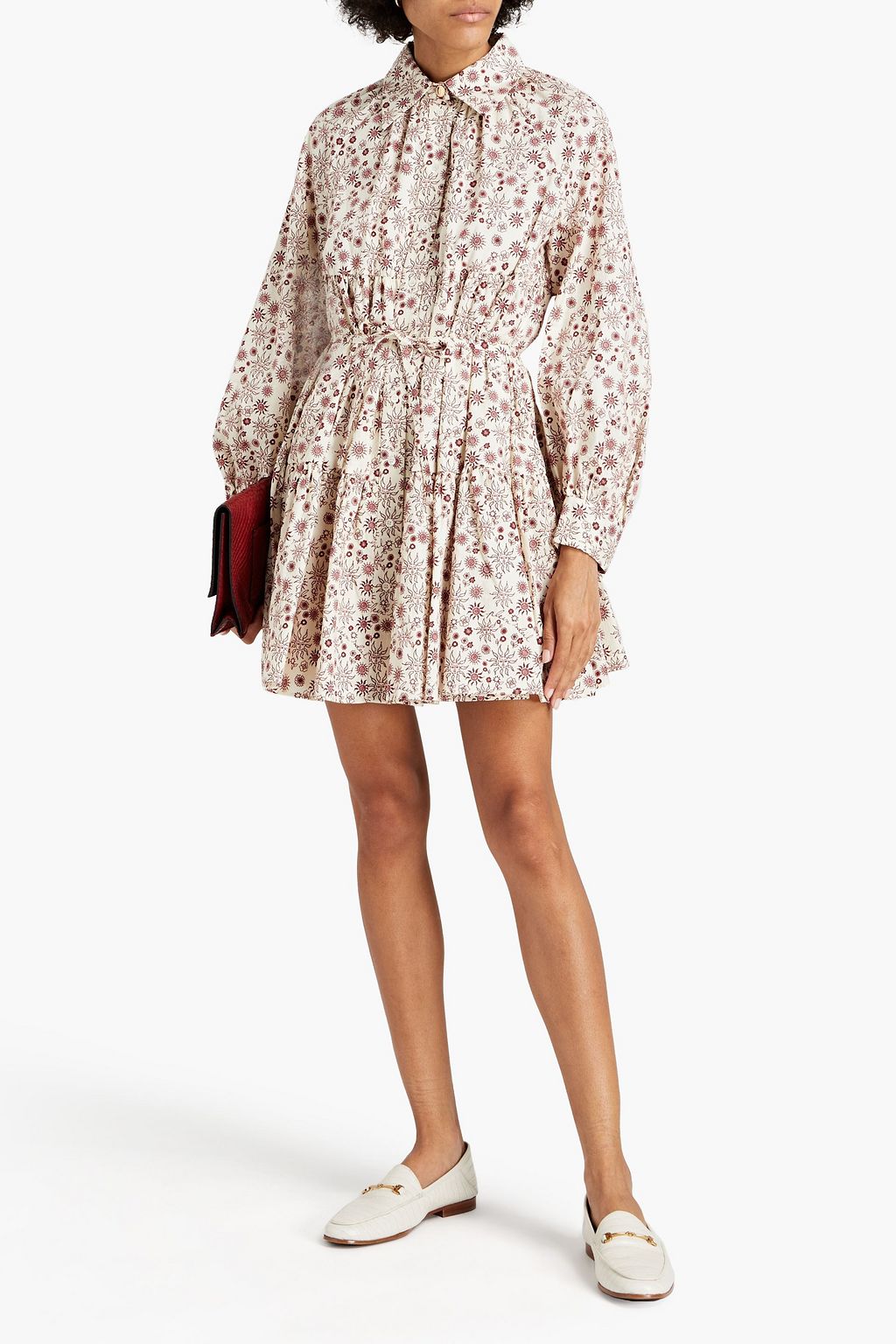 SANDRO Claudine belted printed cotton-mini shirt dress