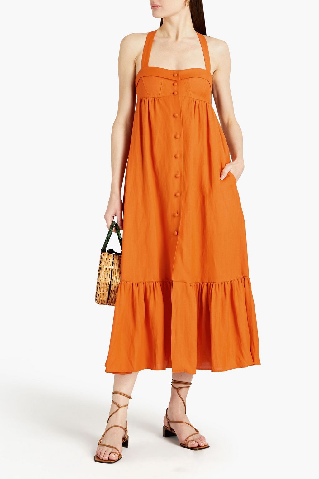 SANDRO Gathered shantung midi dress