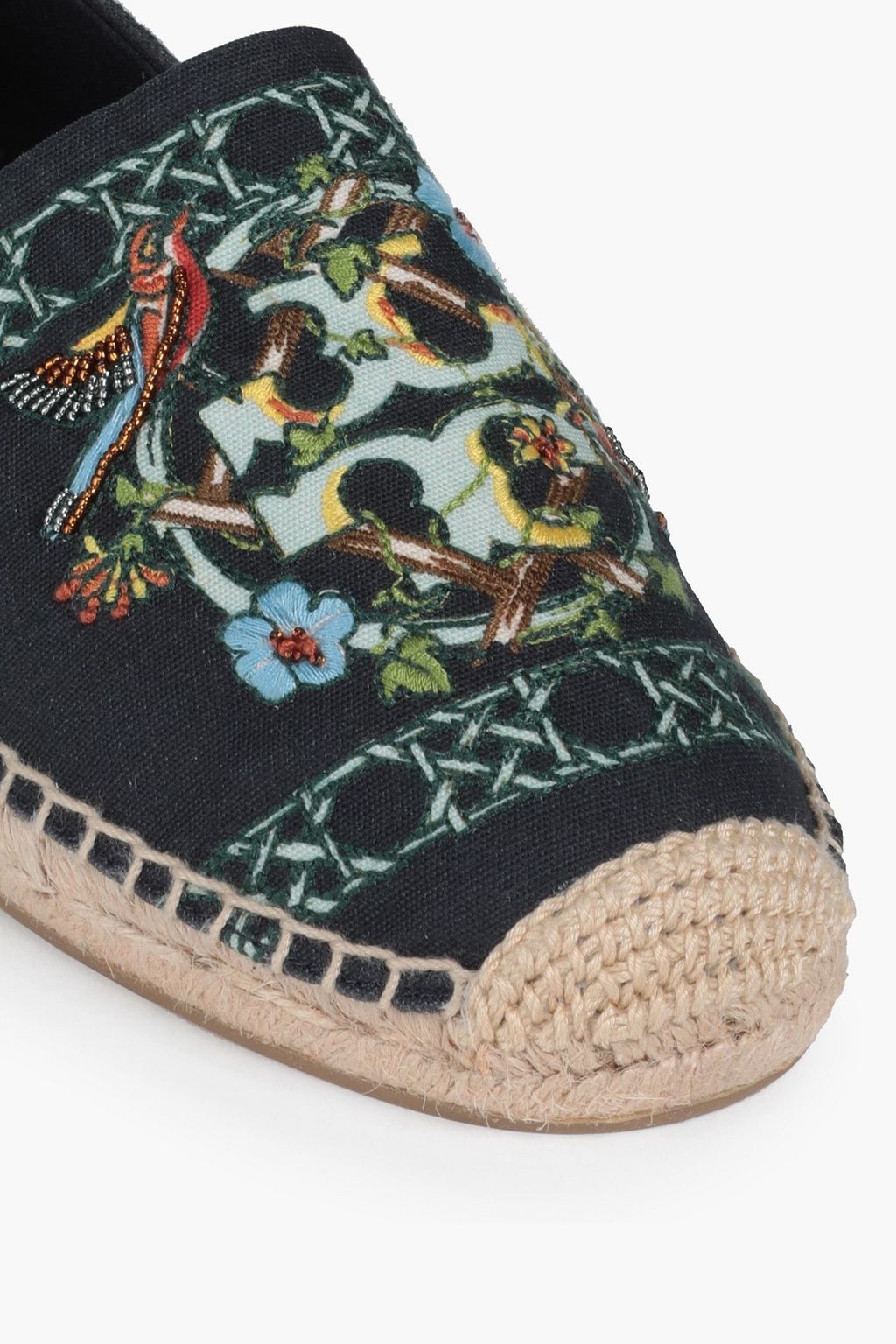 TORY BURCH Embellished printed canvas espadrilles