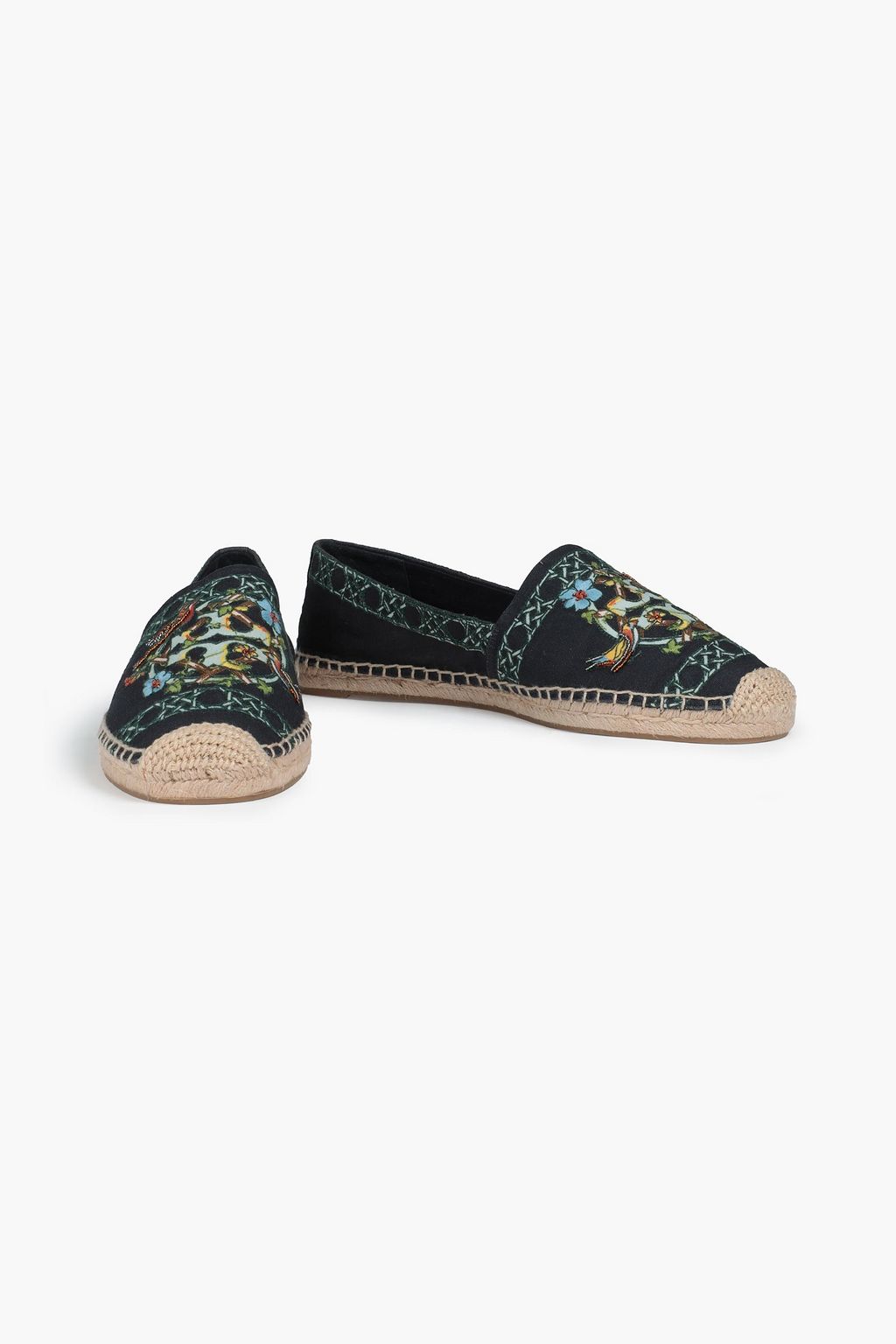 TORY BURCH Embellished printed canvas espadrilles