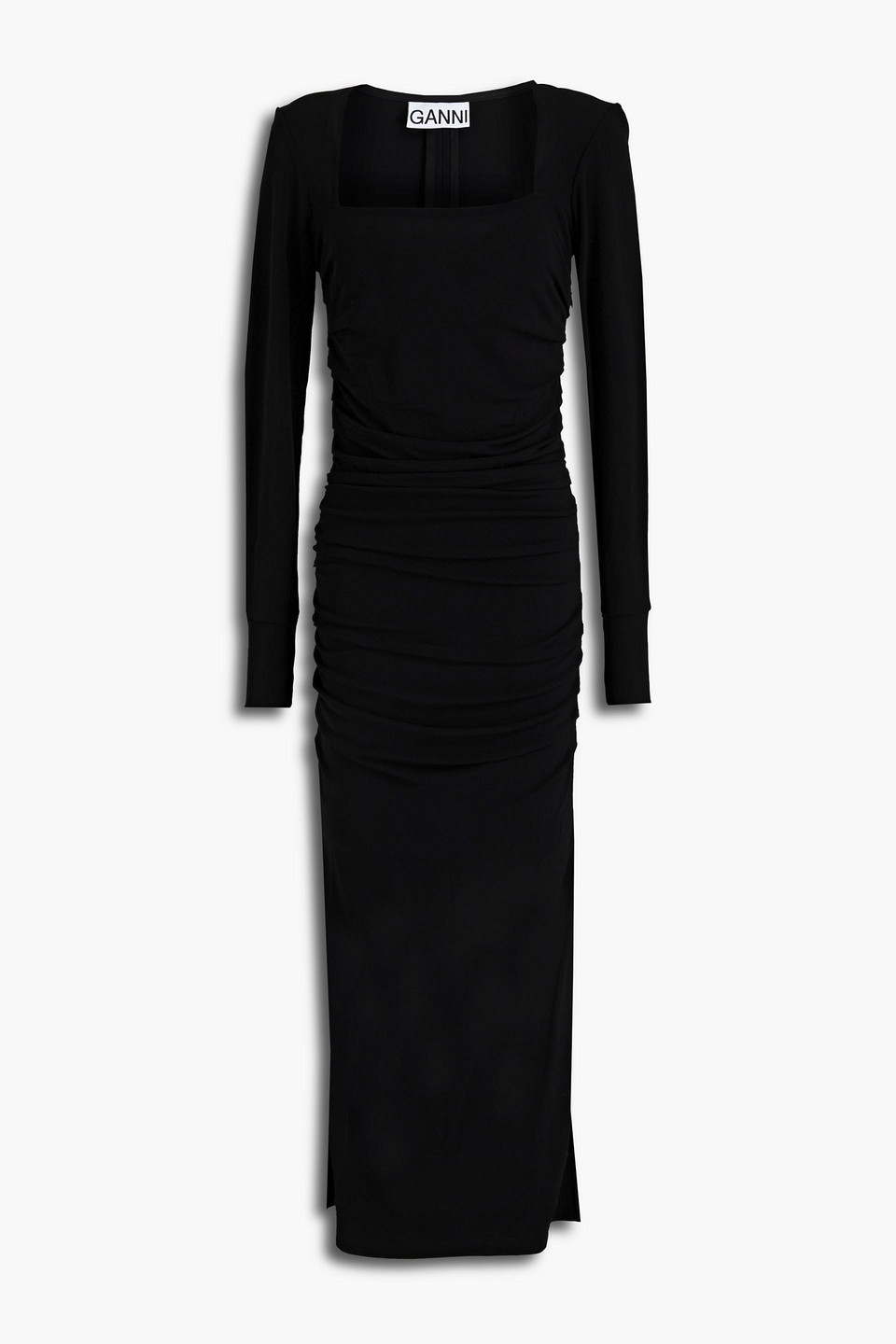 ganni - ruched crepe midi dress - black - eu 34