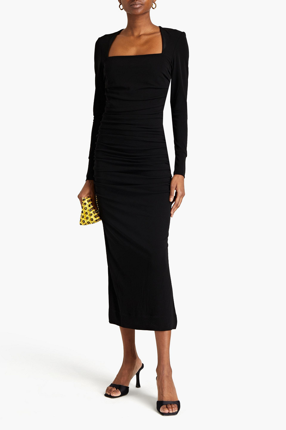 Ganni Ruched Crepe Midi Dress In Black | ModeSens