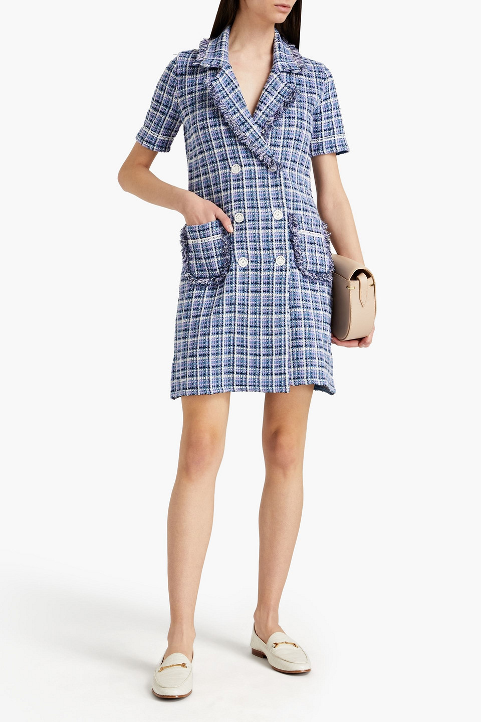 Shop Sandro Ludivine Double-breasted Checked Cotton-blend Bouclé-tweed Mini Dress In Blue