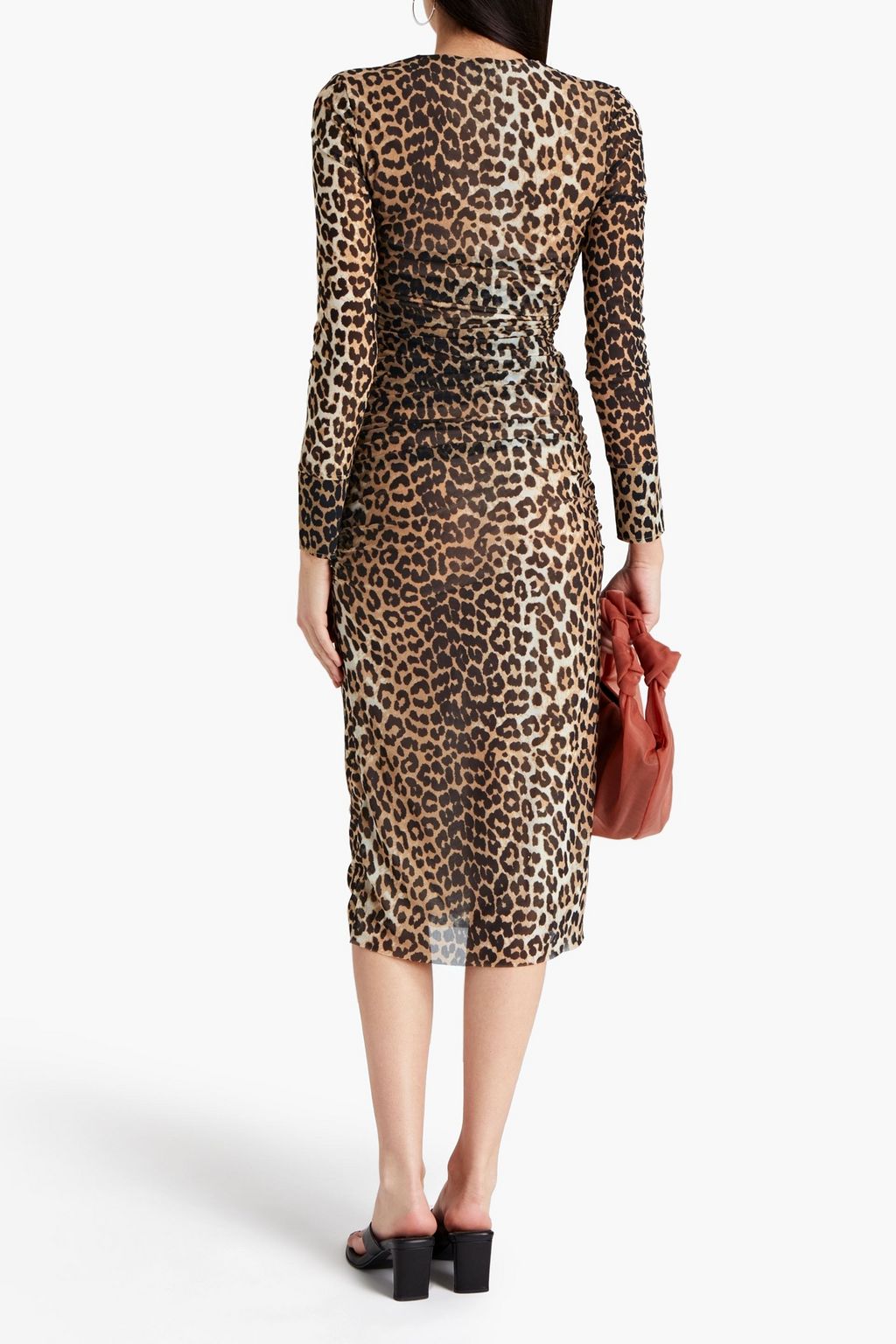 GANNI Ruched leopard-print mesh midi dress