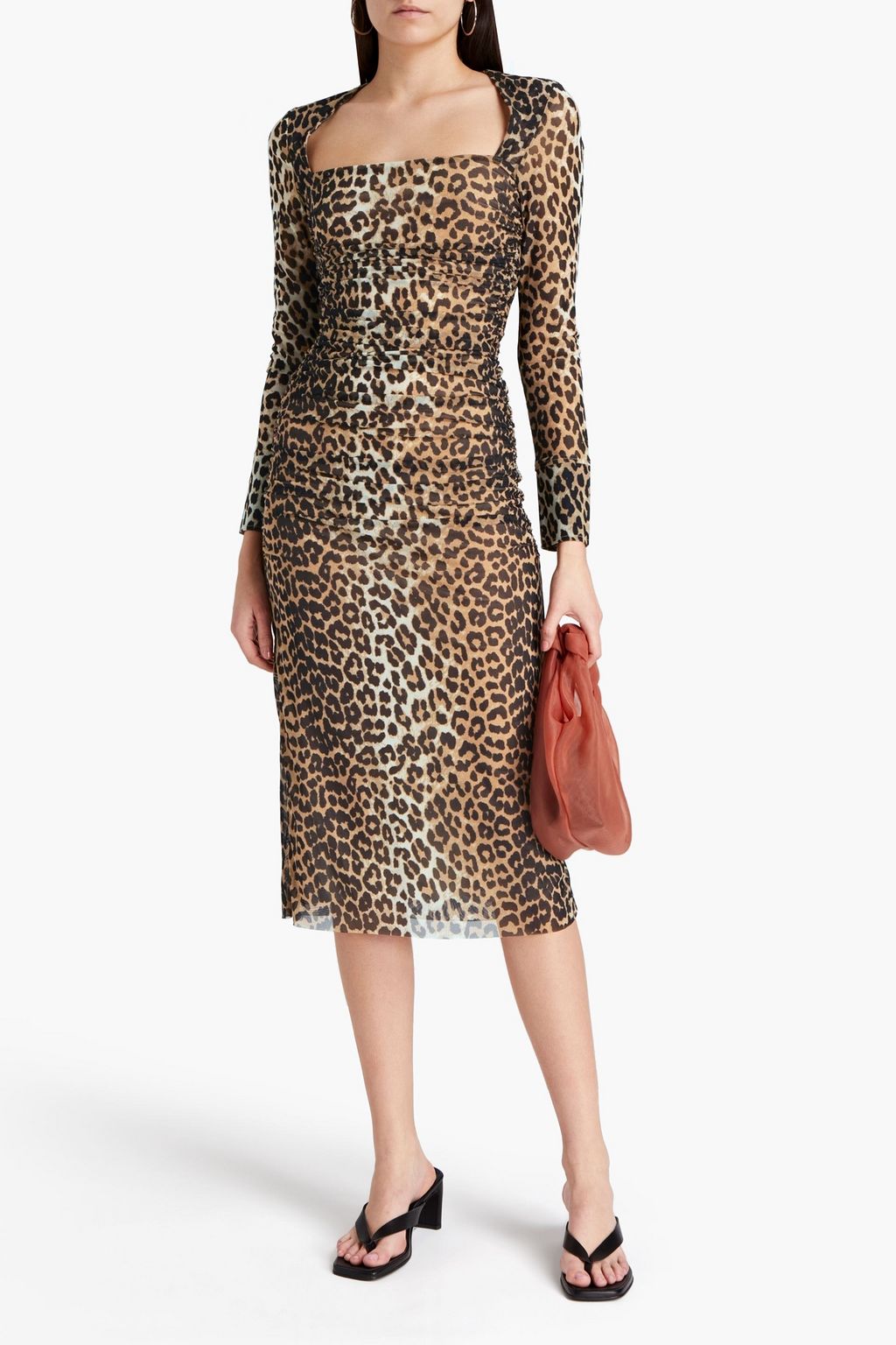 GANNI Ruched leopard-print mesh midi dress