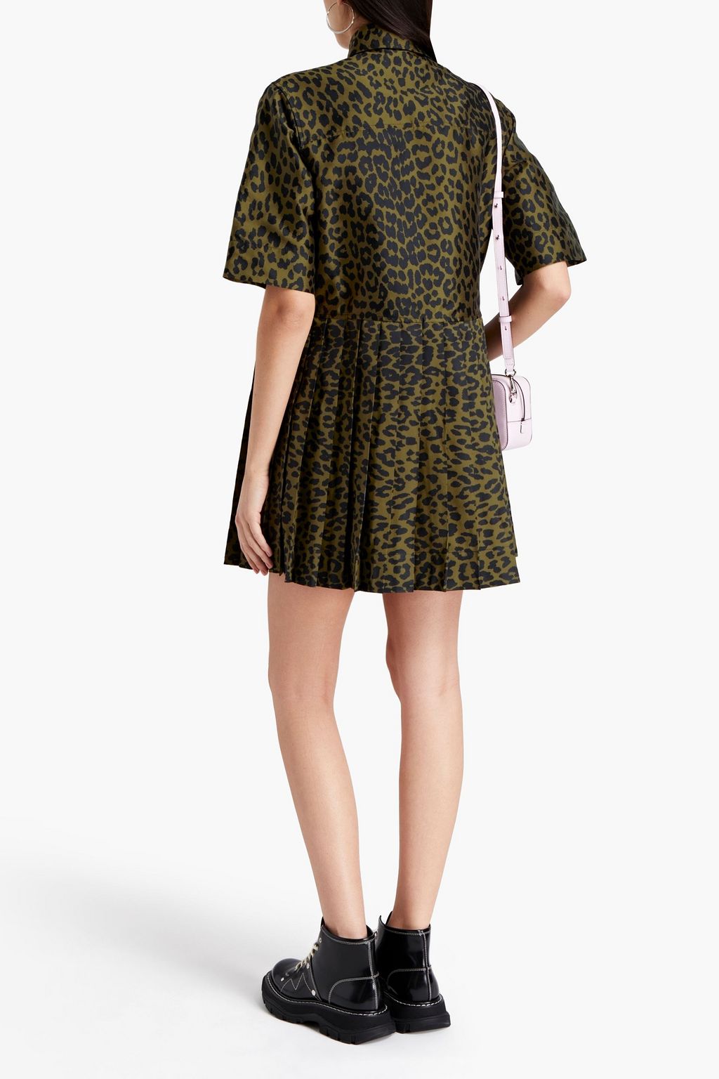 GANNI Embellished pleated leopard-jacquard mini shirt dress
