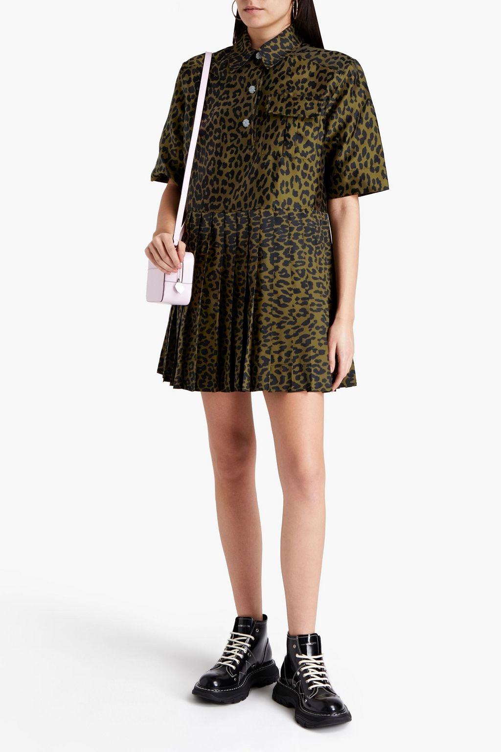 GANNI Embellished pleated leopard-jacquard mini shirt dress