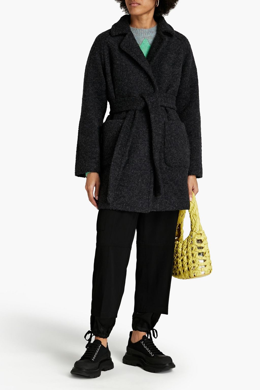 GANNI Double-breasted belted wool-blend bouclé coat