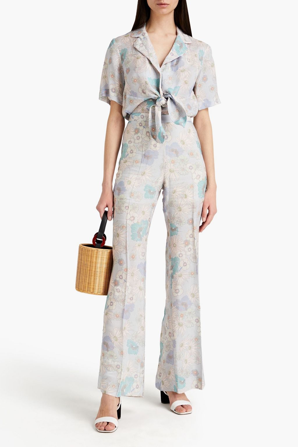 SANDRO Lucius floral-print shantung flared pants