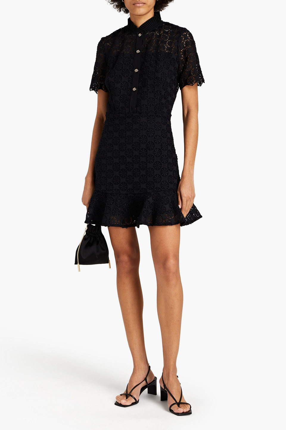 Sandro Felia Crepe De Chine-trimmed Crocheted Lace Mini Dress In Black