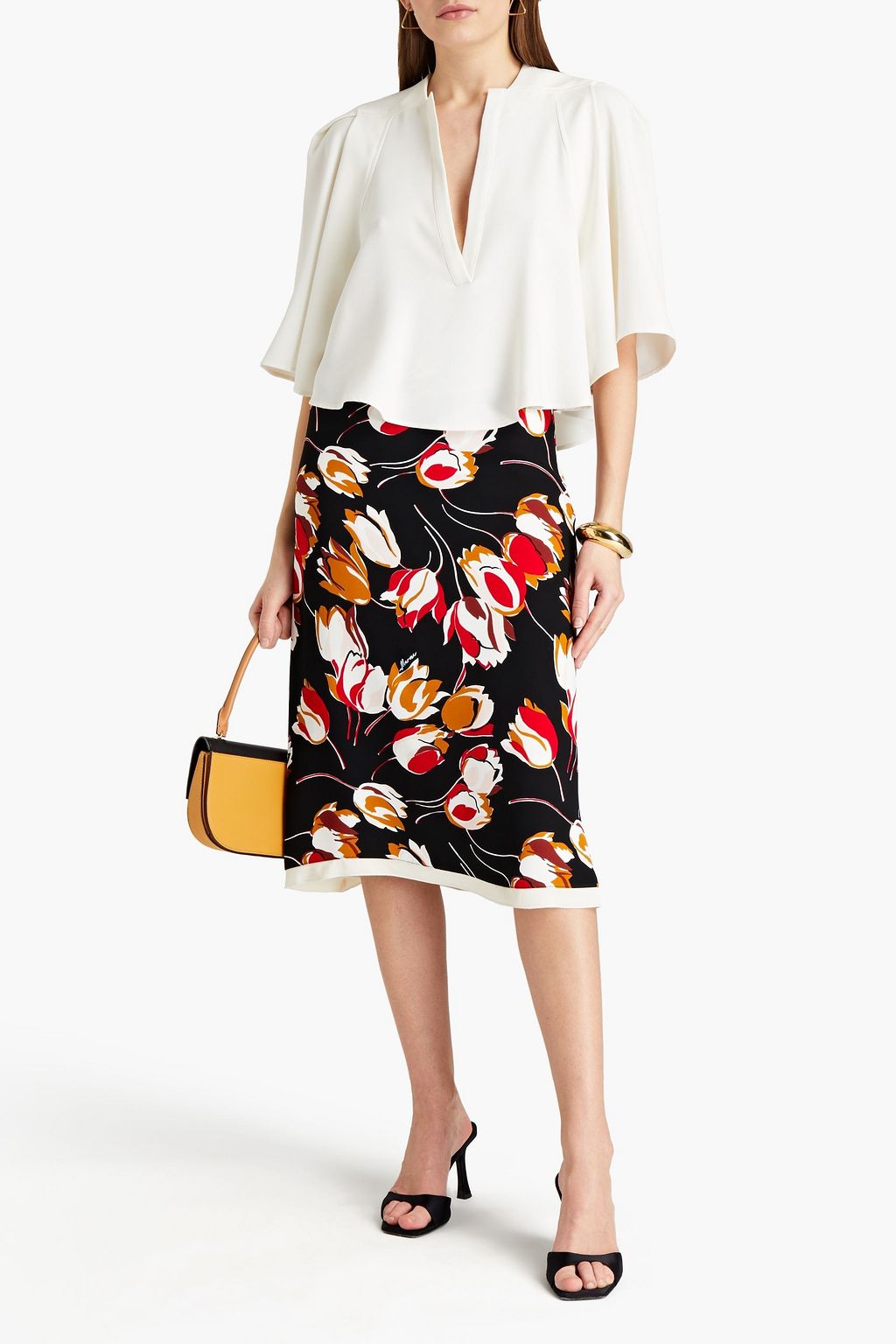 MARNI Satin-trimmed floral-print crepe midi skirt