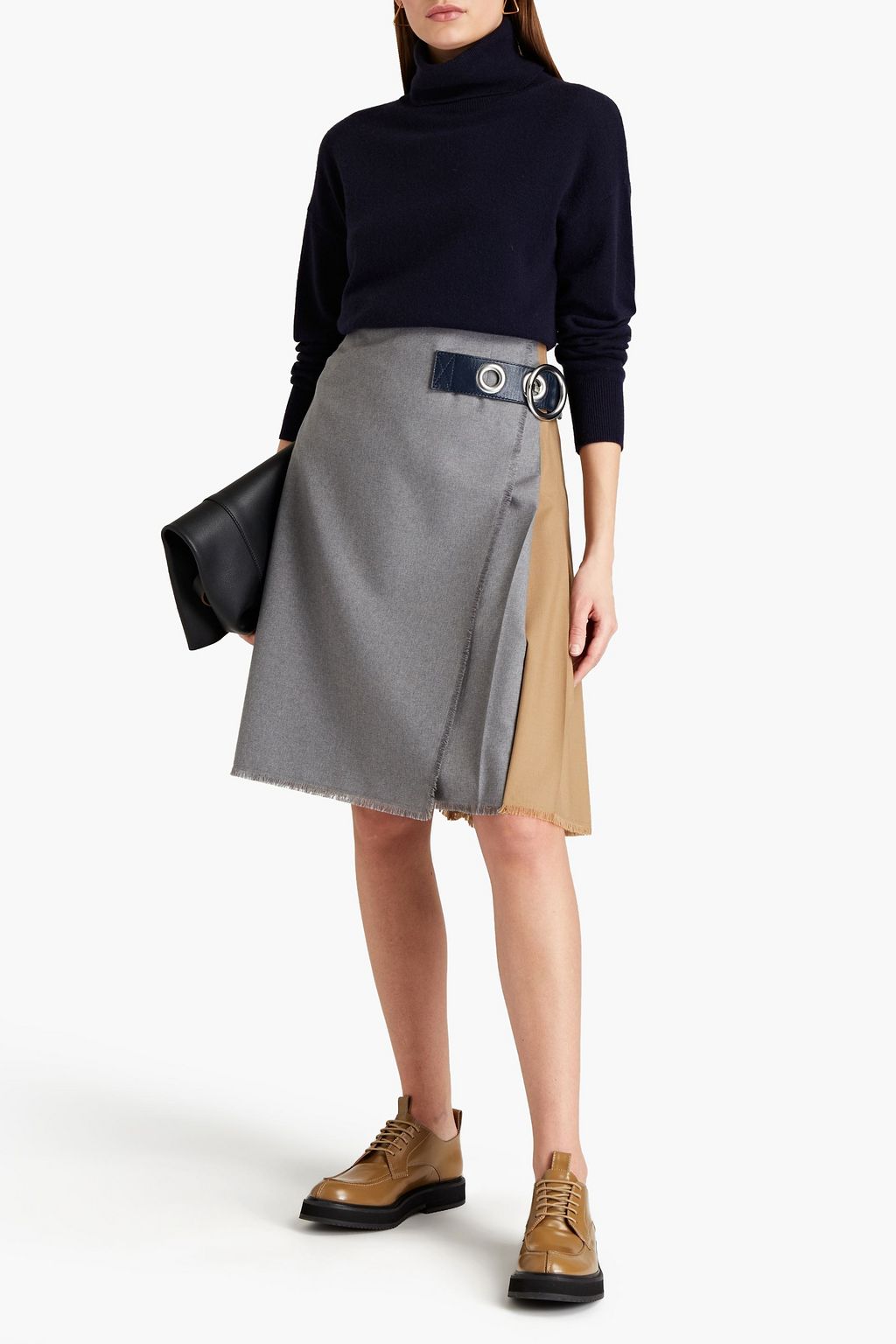 MARNI Pleated crepe-paneled wool wrap skirt