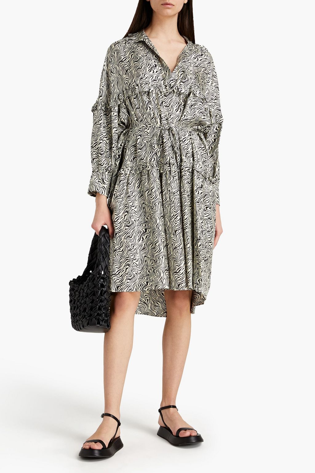 SANDRO Belted zebra-print silk-twill dress