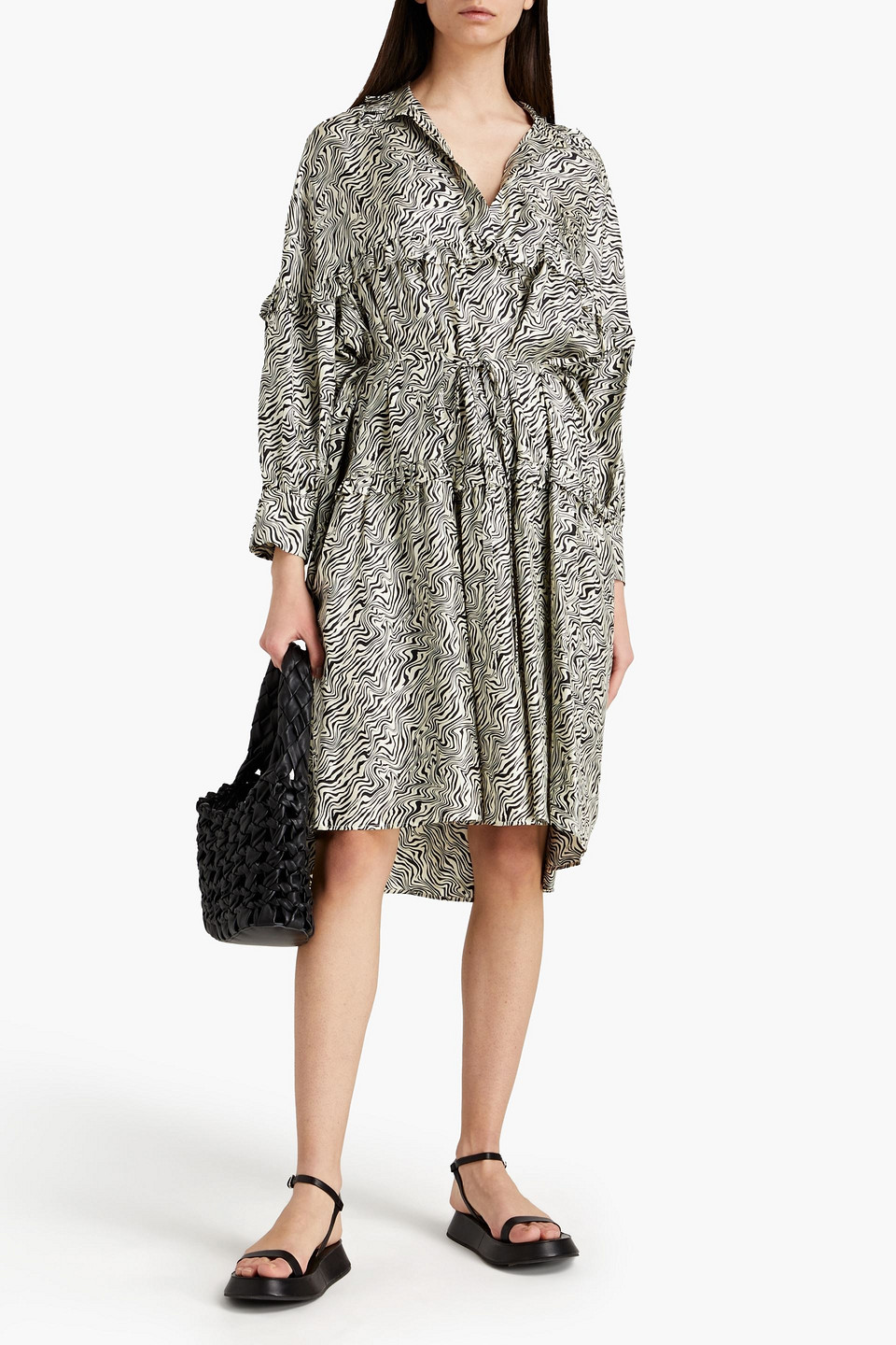 Sandro Salome Belted Zebra-print Silk-twill Dress In Animal Print