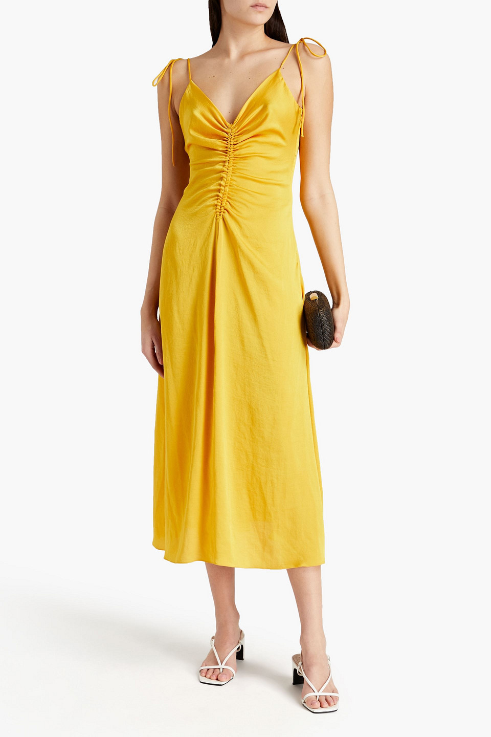 Sandro Praline Gathered Crepe Midi Dress In Yellow